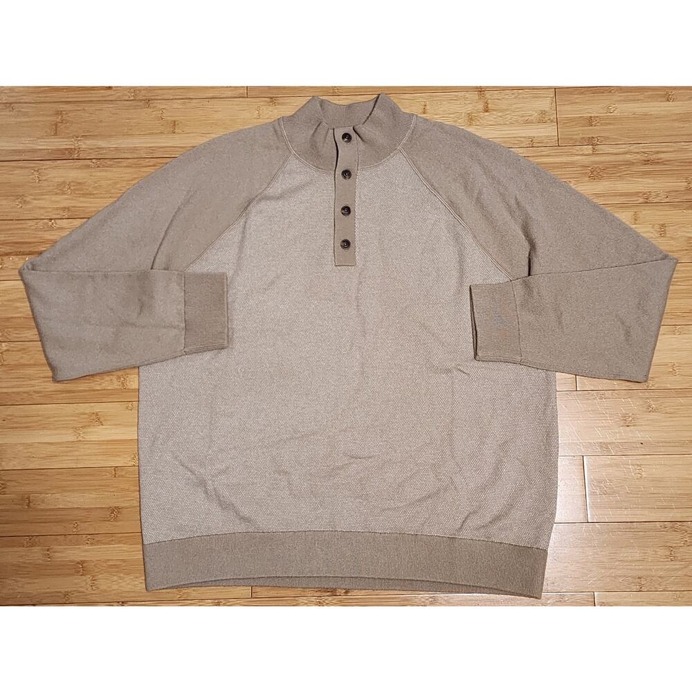 Vince Sweater Mens XXL 2XL Beige Wool Blend Birdseye Button Mock Neck Pullover
